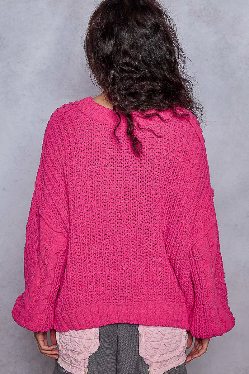Cable-Knit Solid V-Neck Cropped Sweater POL