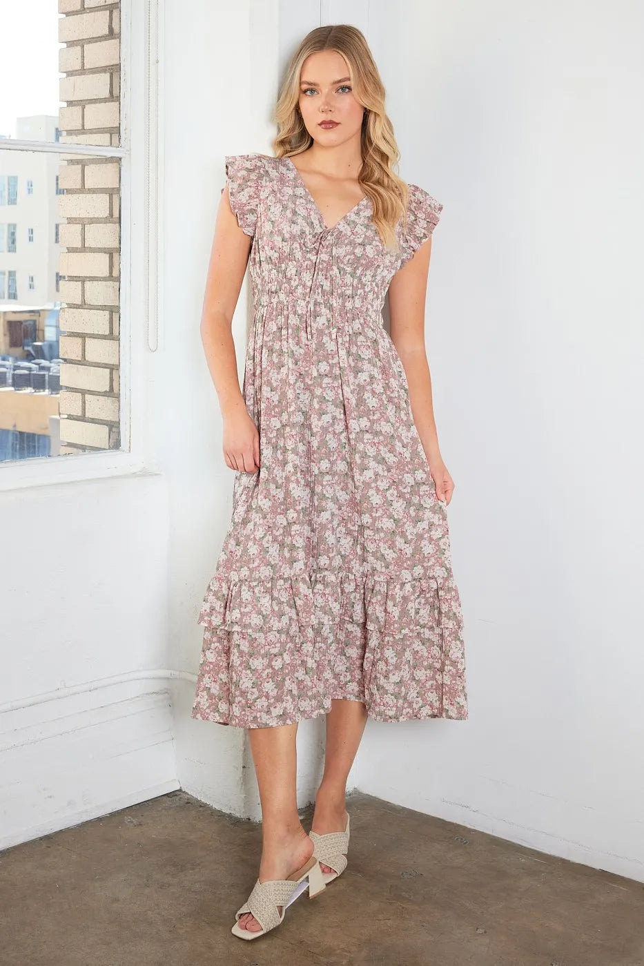 Flower Print Ruffle Cap Sleeve V-neck Midi Dress Mittoshop