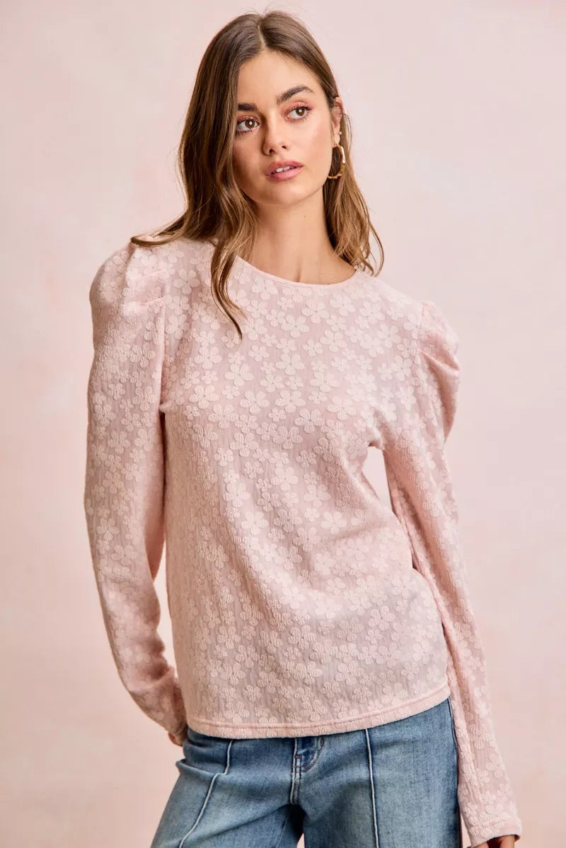 Textured Flower Knit Puff Shoulder Top BiBi