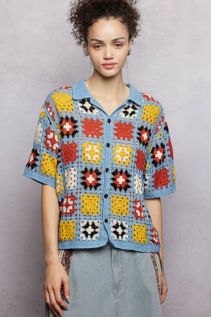Crochet Short Sleeve Relaxed Fit Shirt POL