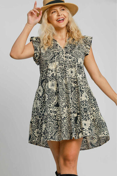 Floral Ruffle Cap Sleeve Babydoll Dress Umgee