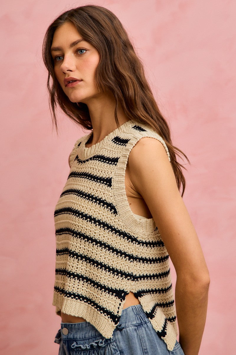 Low Gauge Textured Stripe Sleeveless Sweater Top So Me