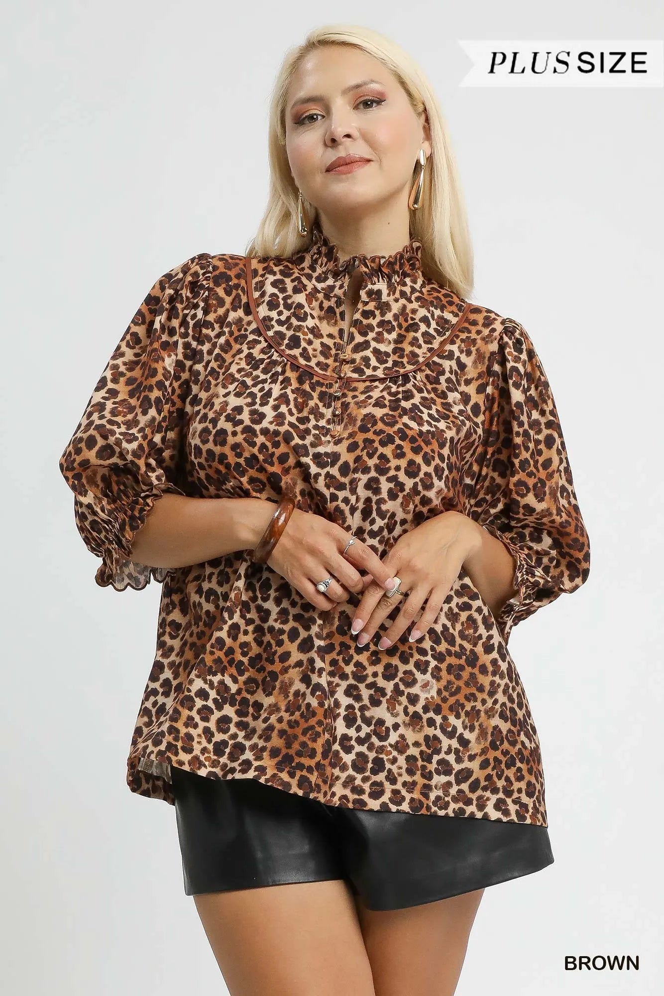 Leopard Print Ruffle Neck Blouse With Plus Size Umgee
