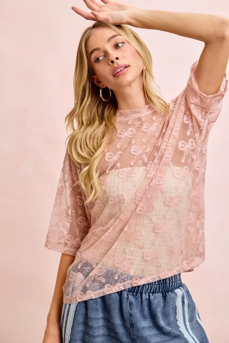 Bow Pattern Short Sleeves Boxy Mesh Top BiBi