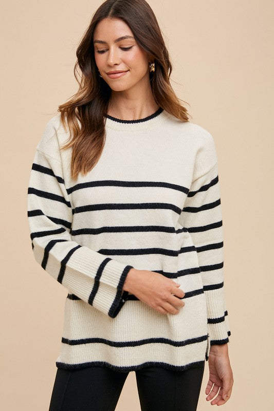 Side Slit Striped Round Neck Sweater Annie Wear Ivory S