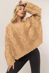 Relaxed Cable Knit V-Neck Sweater HYFVE Taupe S 