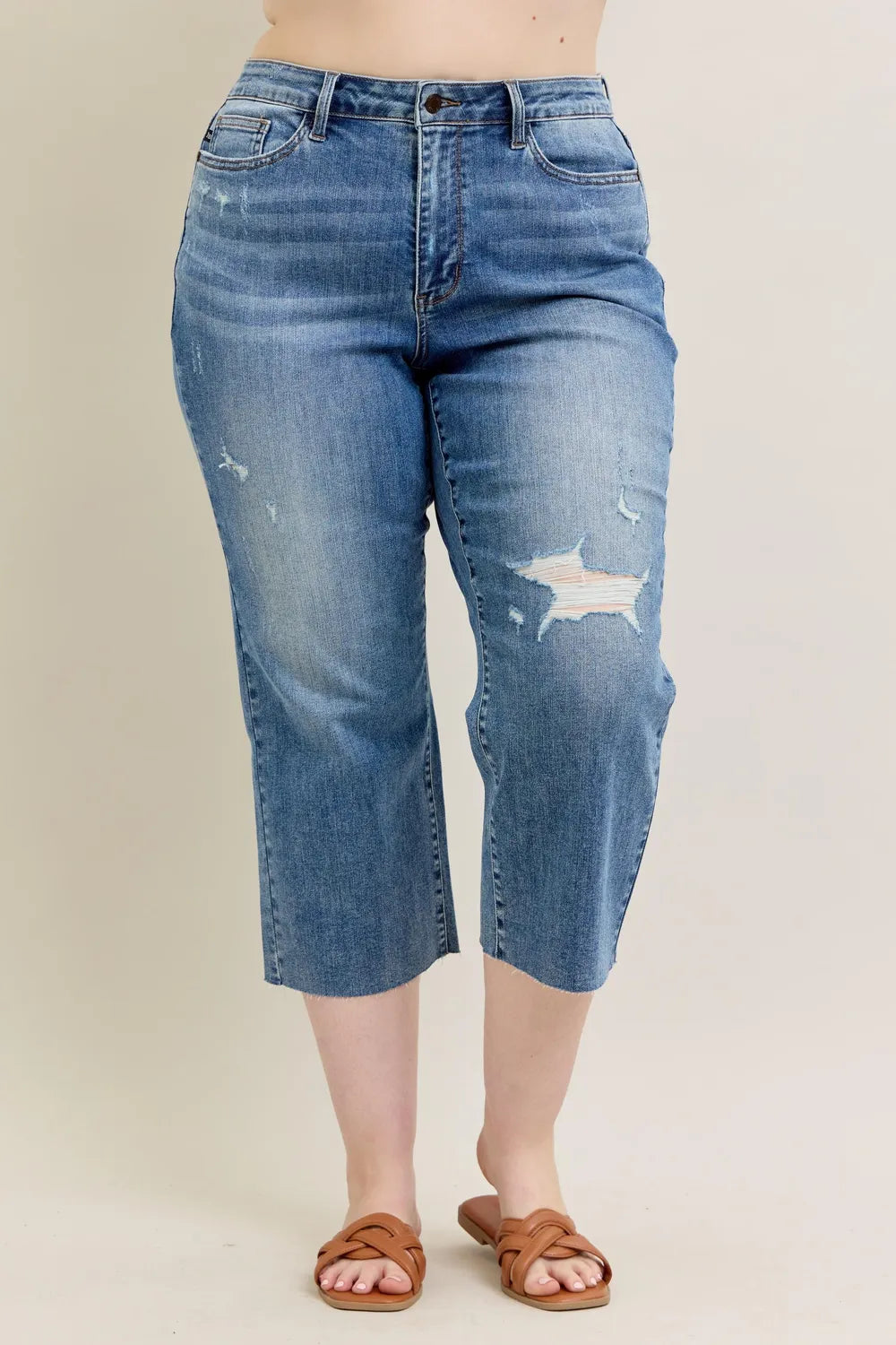 Plus Size High Waist Back Destroy & Raw Cut Hem Crop Wide Judy Blue Medium 14W