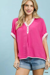 Oversized Contrast Stripe Trim Top Umgee PINK S