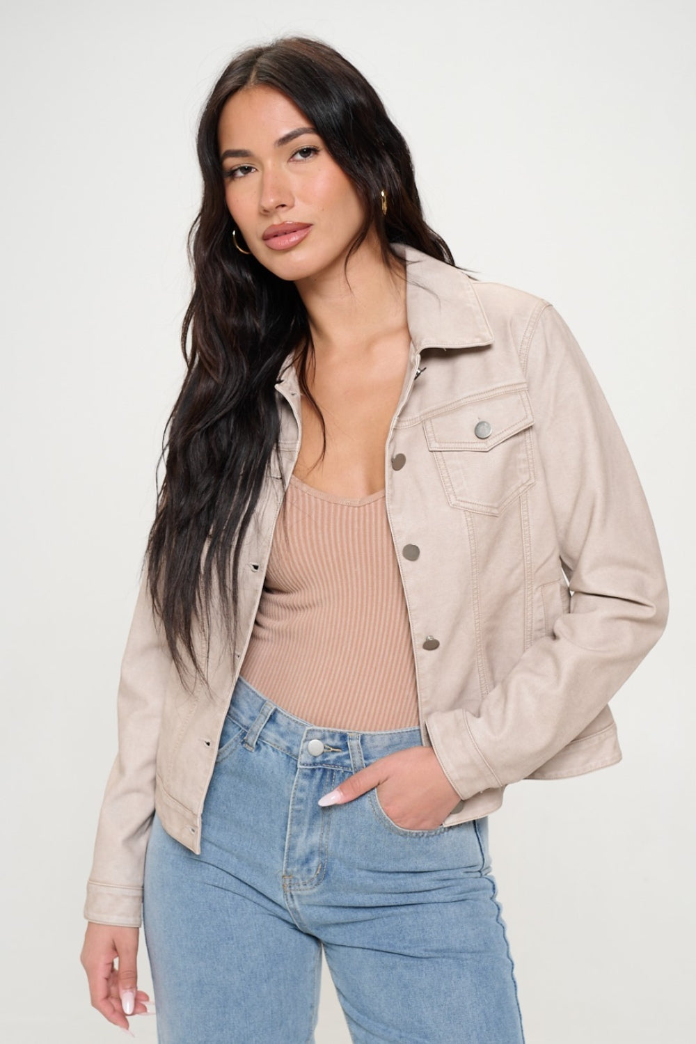 Button Down Cargo Vegan Leather Shacket Coalition LA   