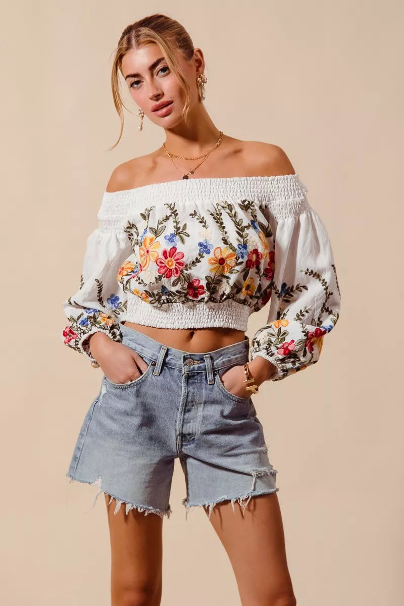 Floral Embroidered Off The Shoulder Crop Top So Me