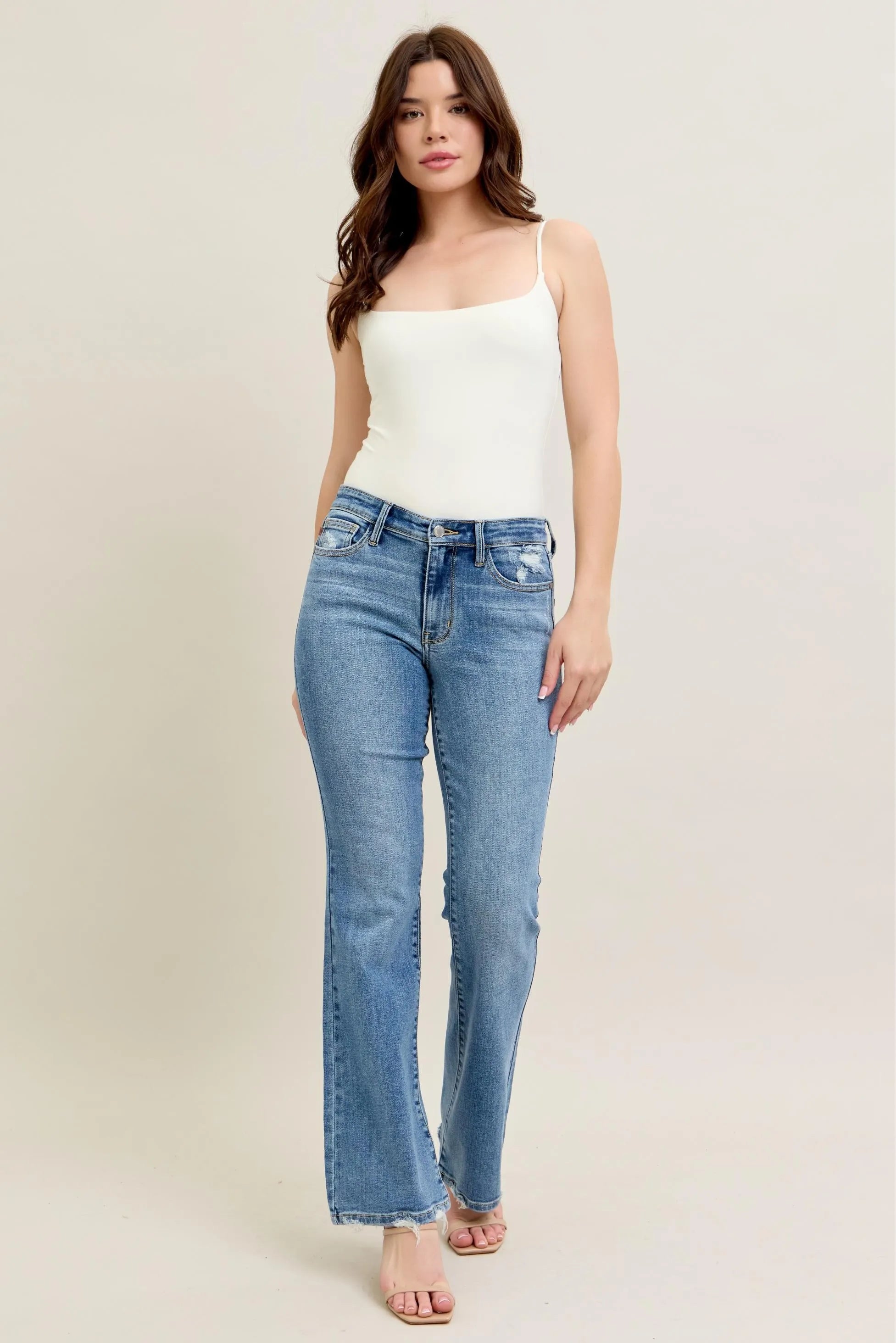 Mid Rise Wash Destroy Hem Bootcut Jeans With Plus Size Judy Blue