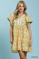 Mix Floral Tiered Mini Dress with Side Pockets Umgee GREEN MIX S