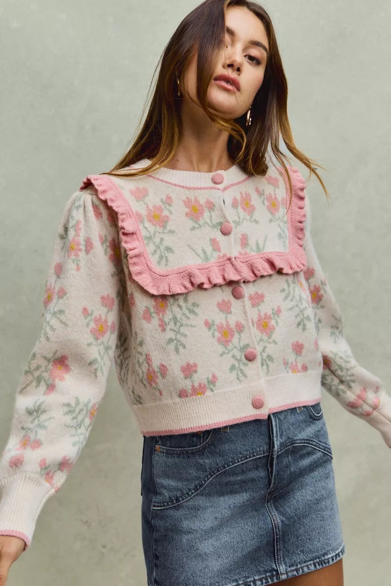 Flower With Ruffle Detailing Sweater Cardigan So Me