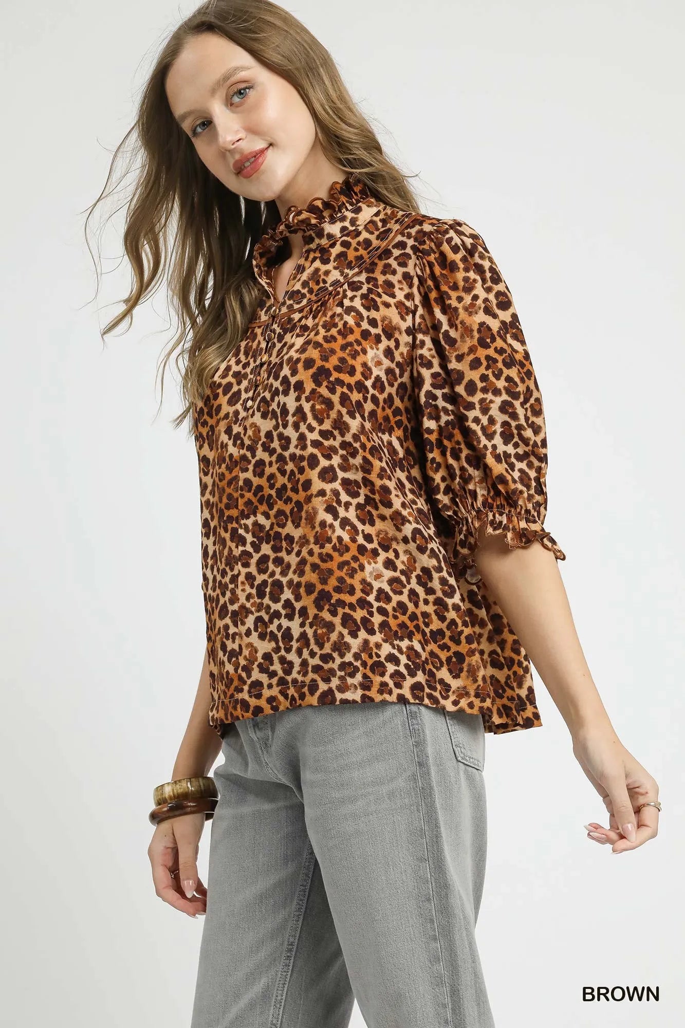 Leopard Print Ruffle Neck Blouse With Plus Size Umgee