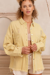 Distressed Button Down Raw Hem Yellow Shacket POL Lemonade S 