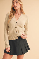 Ribbed Hem Button Down V-Neck Cardigan Aemi + Co