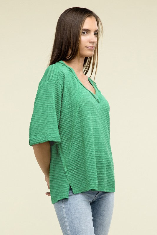 Brushed Waffle Relaxed 3/4 Sleeve Top ZENANA   