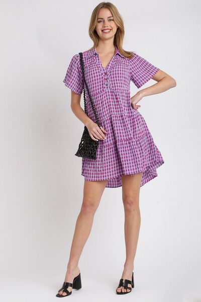 Gingham Tiered Button Detail Short Sleeve Dress Umgee