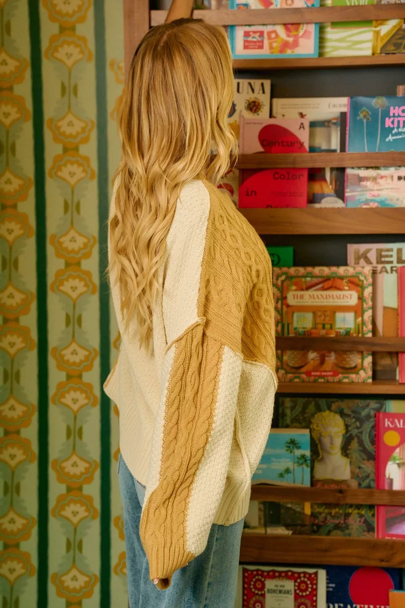 Cable Knit With Hacci Combo Sweater With Uneven Hem Detail BiBi