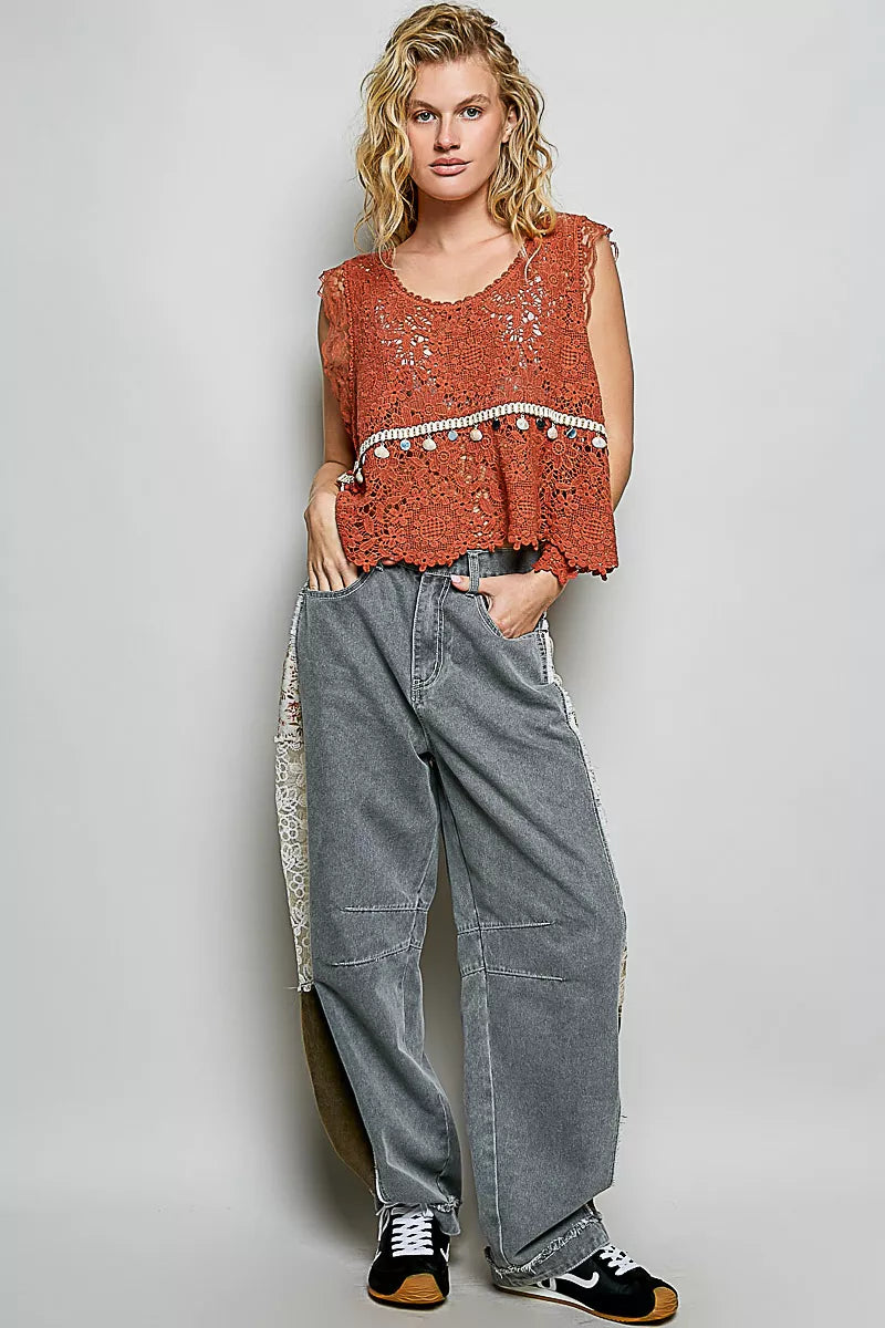 Lace Trim Openwork V-Neck Crochet Tank with Scalloped Edge POL
