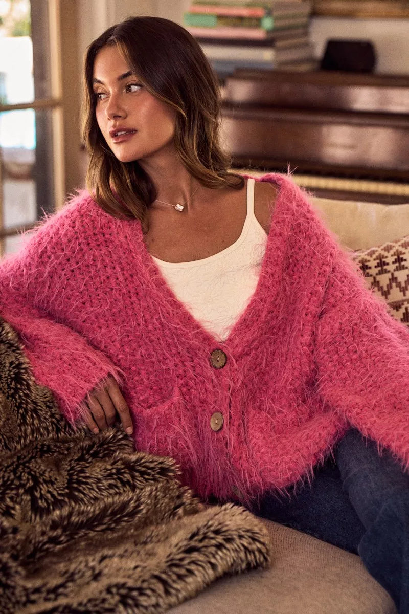 Soft Touch Hairy Loose Fit Cozy Sweater Cardigan So Me