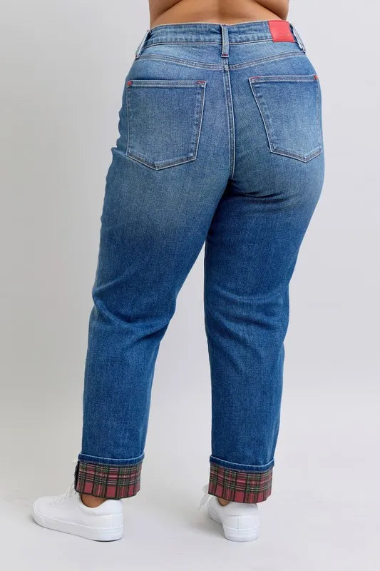 Mr Plaid Print Cuff Boyfriend Jeans with Plus Size Judy Blue