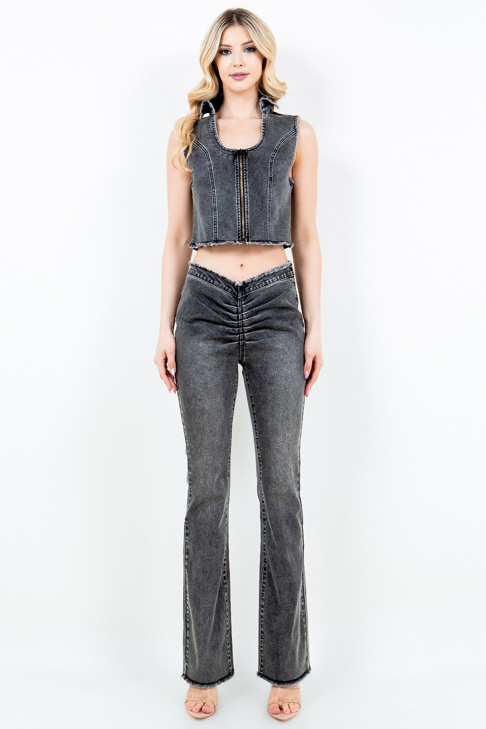 V-Cut Ruched Flare Jeans American Bazi   