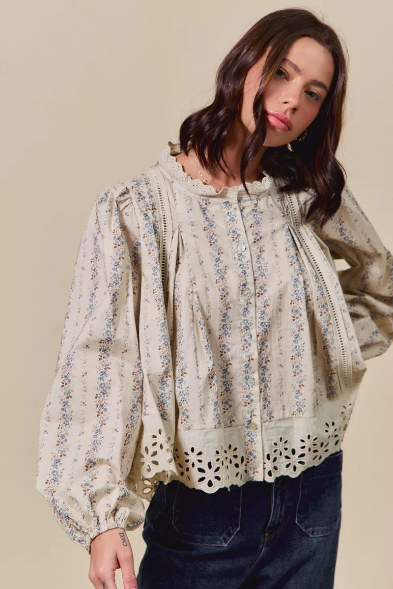 Floral Print Lace Button Down Shirt So Me