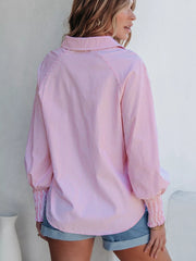 Pinstripe Long Sleeve Smocked Cuffs Button Shirt Collar Blouse Simmer & Fay