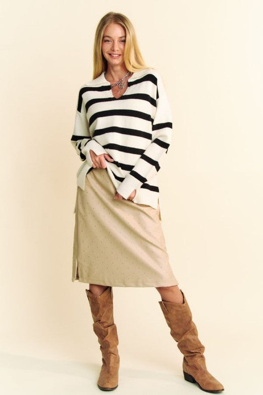 High-Low Side Slit Striped Johnny Collar Sweater Davi & Dani   