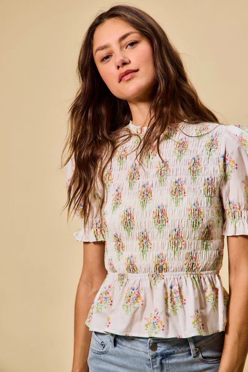 Floral Cotton Smocked Short Sleeves Blouse So Me