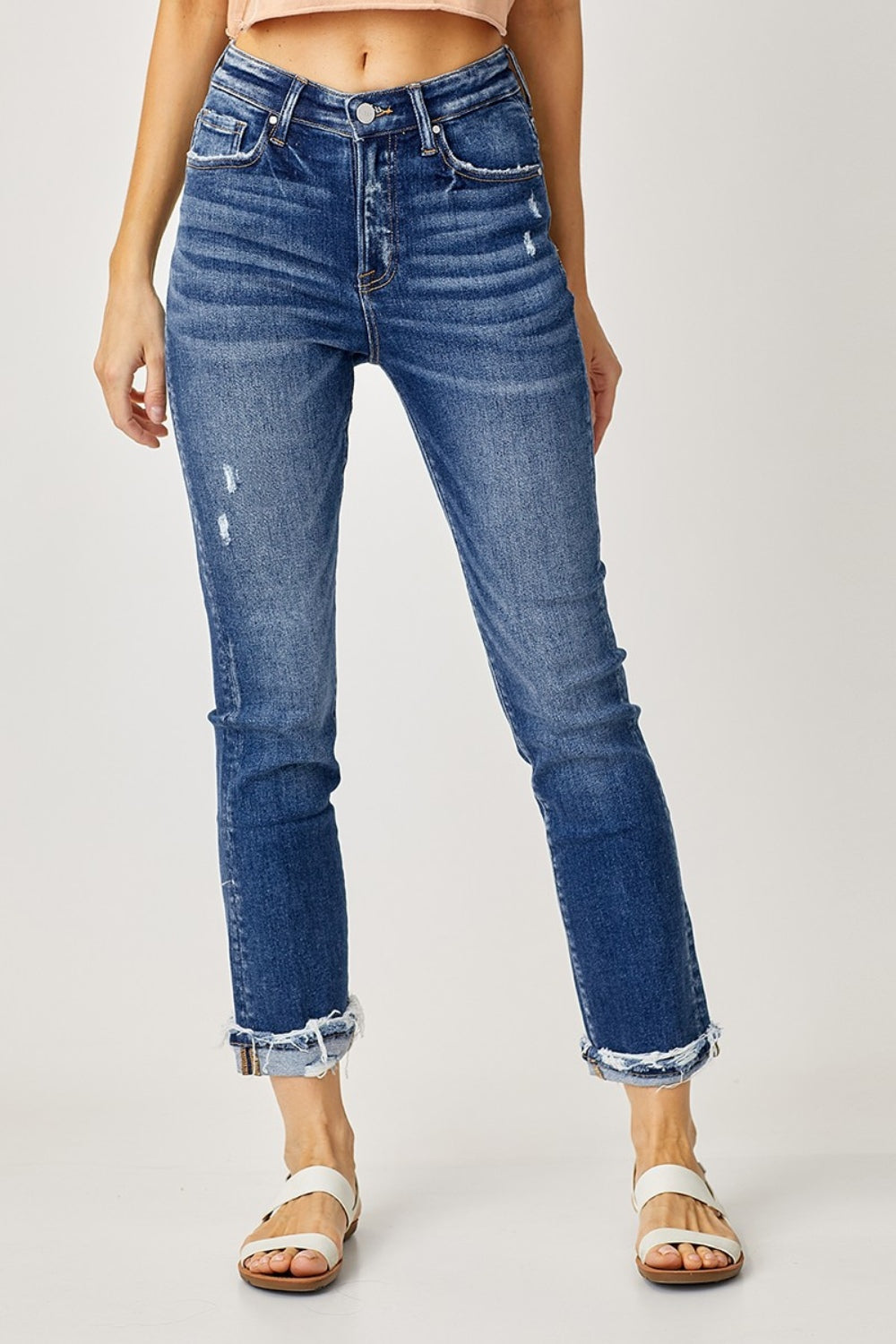 High-Rise Cat Whisker Frayed Cuffed Straight Jeans Risen Dark 0(24) 