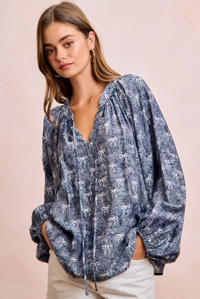 Ribbon Bow Print Exaggerated Balloon Sleeves Top BiBi