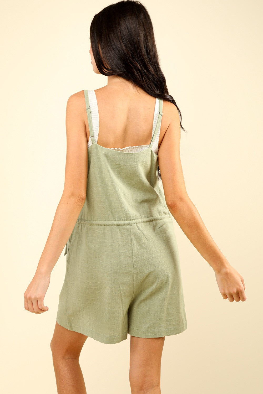 Half Button Down Drawstring Sleeveless Romper Very J   