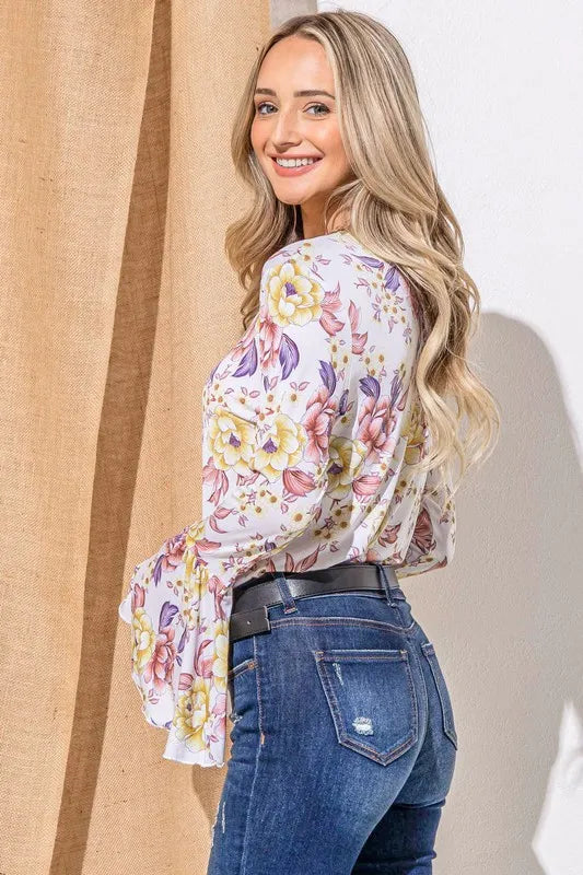 Floral Printed Bell Sleeve Casual Top And the Why