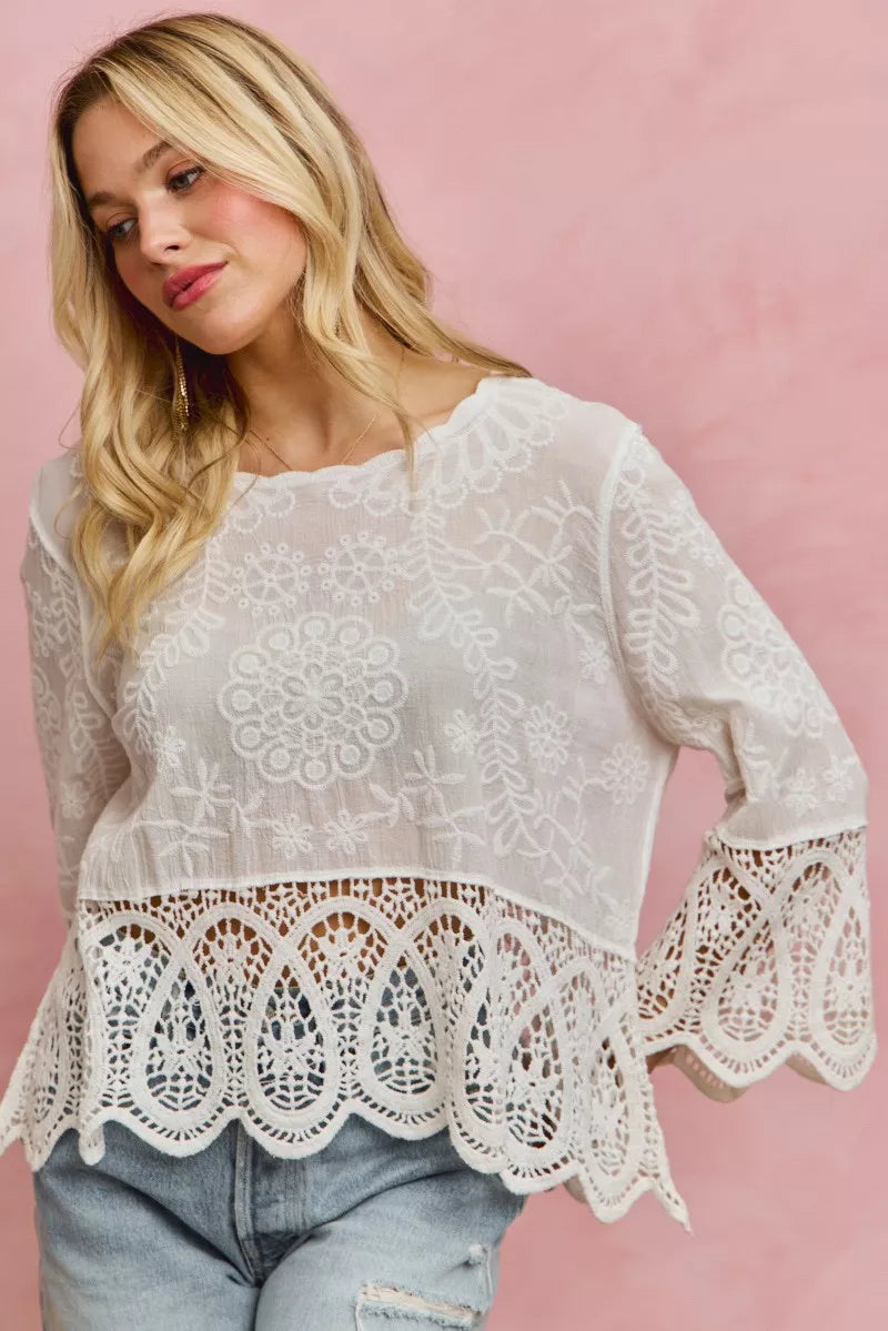 Floral Embroidered Crochet Lace Trimmed Top So Me