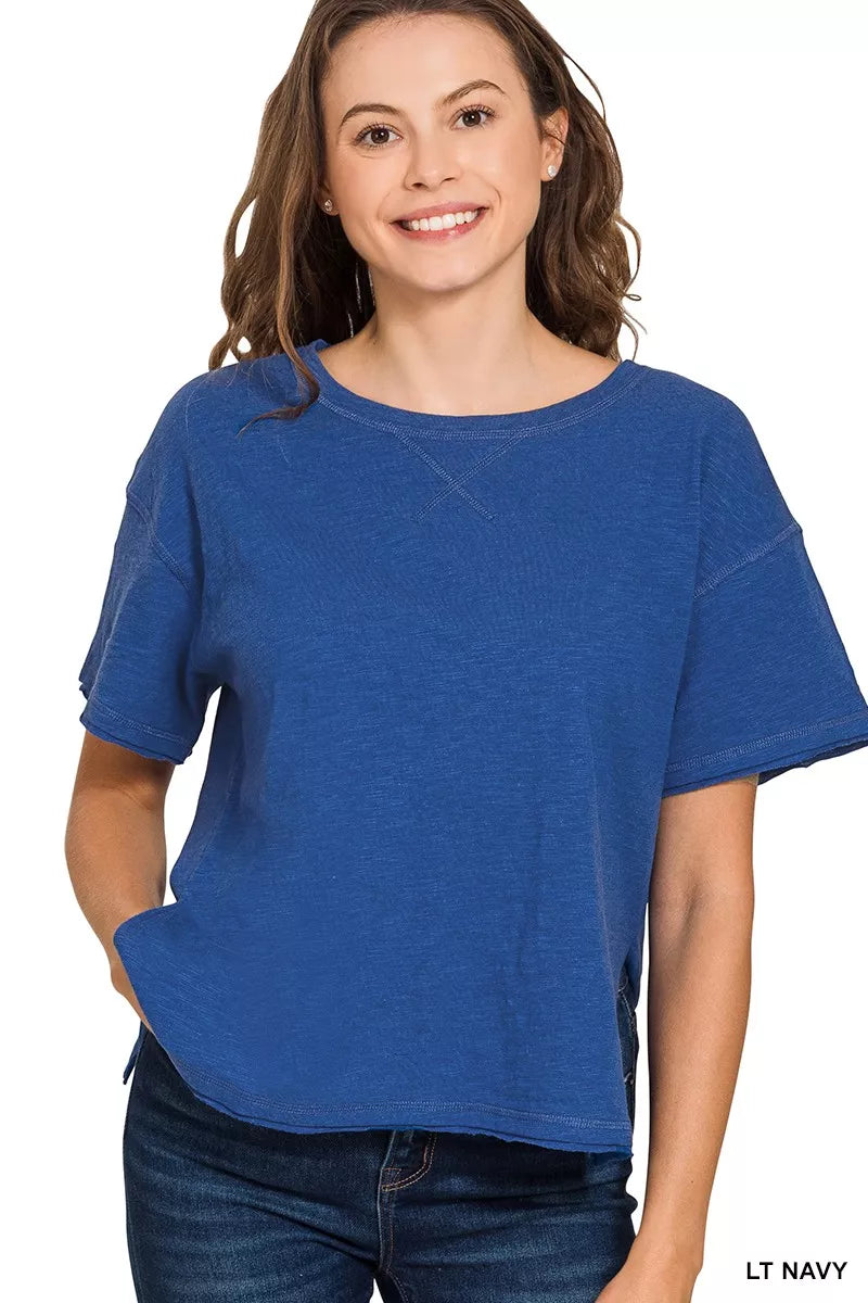 Cotton Slub Short Sleeve Tee ZENANA LT NAVY S