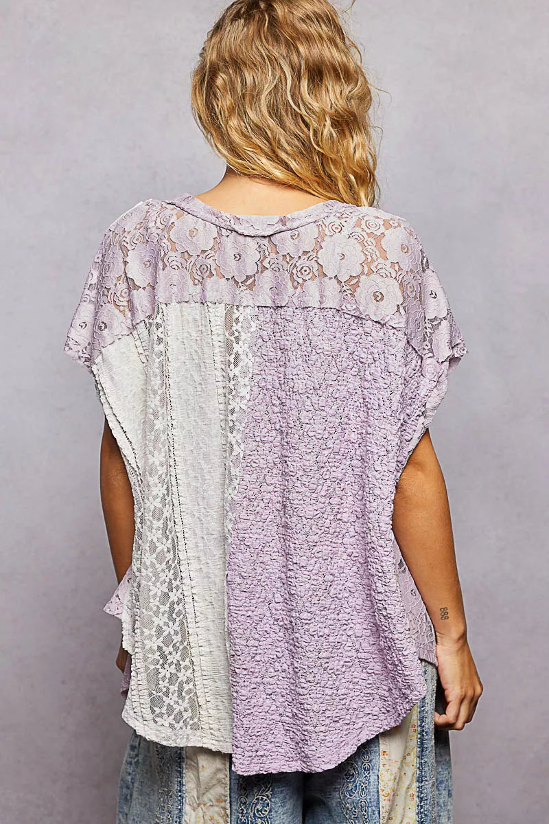 Asymmetrical V-Neck Short Sleeve Lace Top POL
