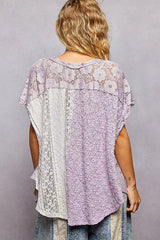 Asymmetrical V-Neck Short Sleeve Lace Top POL