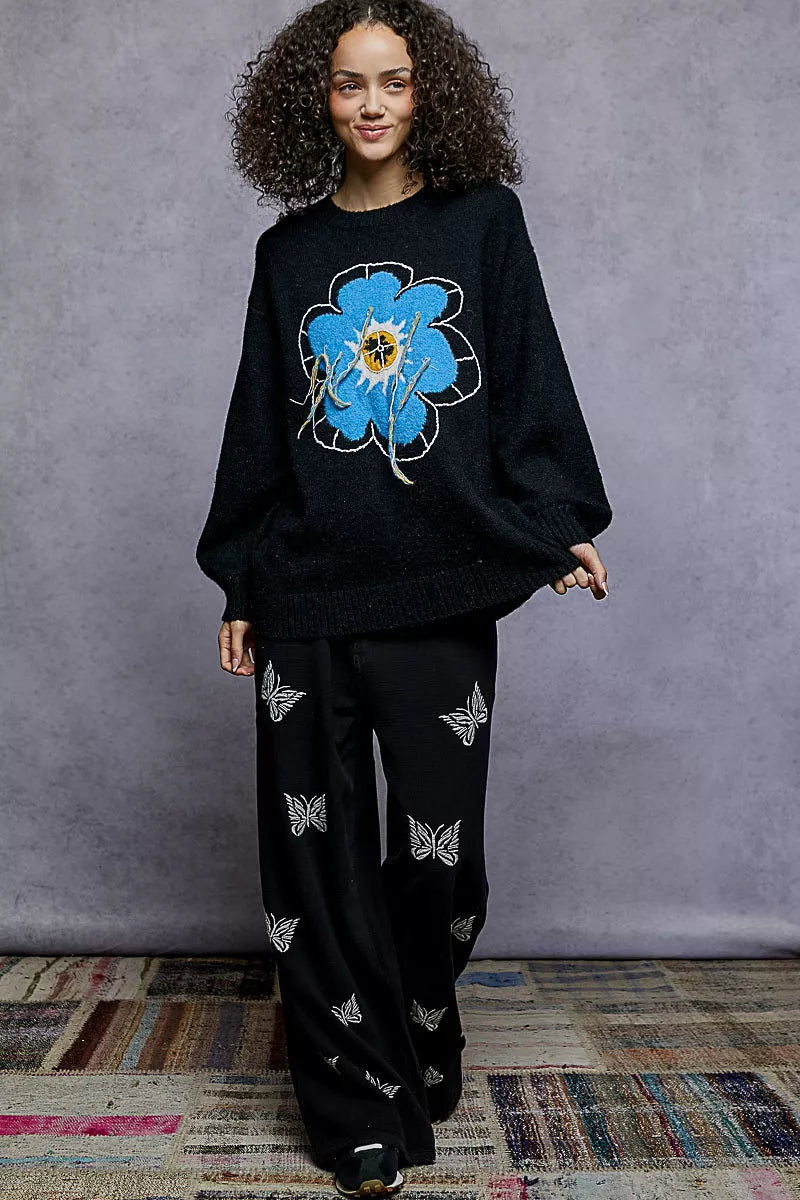 Floral Pattern Round Neck Sweater with Exposed Stitching POL