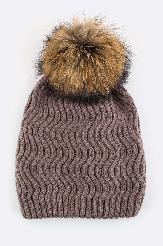 Raccoon Fur PomPom Chevron Knit Beanie Simmer & Fay Brown 1 