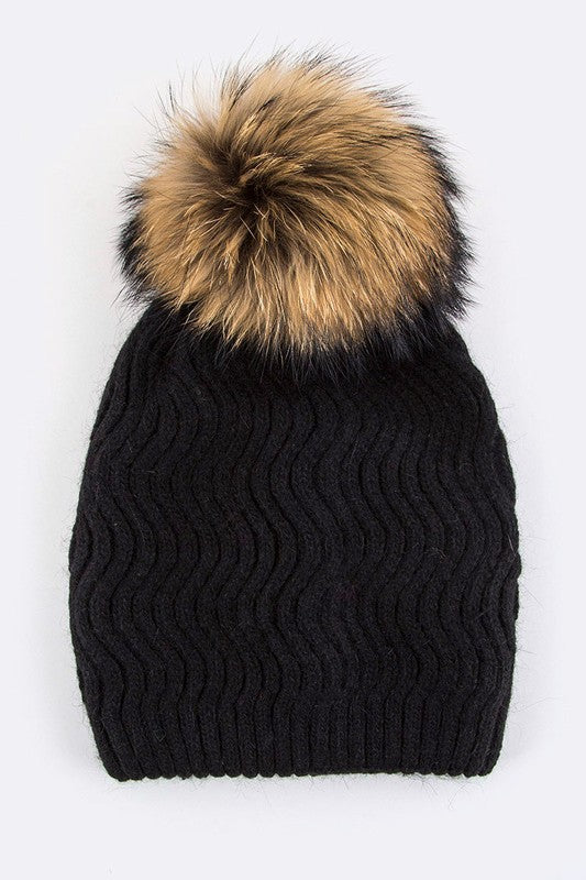 Raccoon Fur PomPom Chevron Knit Beanie Simmer & Fay Black 1 