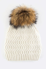 Raccoon Fur PomPom Chevron Knit Beanie Simmer & Fay Ivory 1 