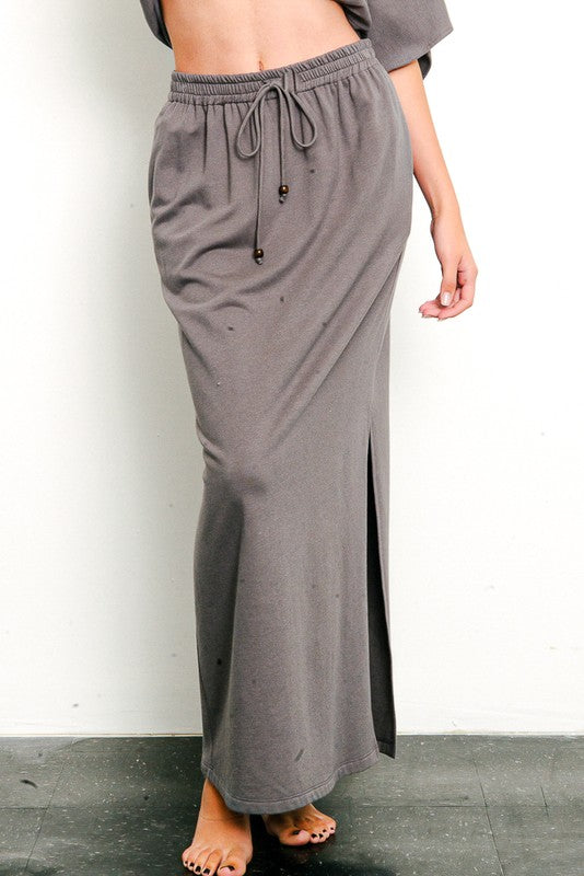 Brushed Organic Hemp Side Slit Maxi Skirt Fabina DULL GREY S 