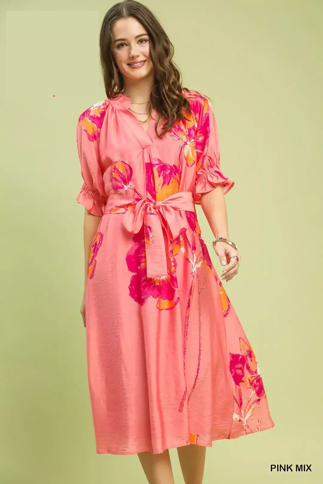 Floral Flounce Sleeve Midi Dress with Belted Umgee PINKMIX S
