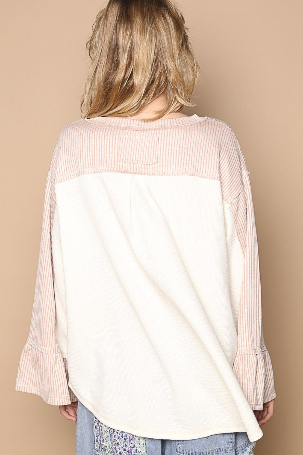 Striped Flounce Sleeve Exposed Seam Top POL   