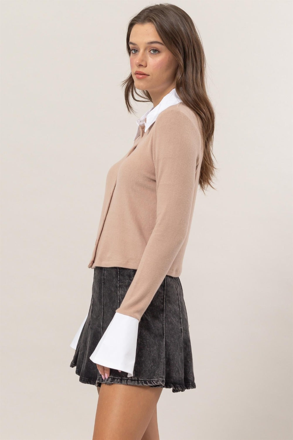 Collared Contrast Button Down Crop Knit Cardigan HYFVE   