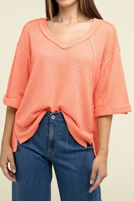 Brushed Waffle Relaxed 3/4 Sleeve Top ZENANA NEON CORAL S/M 