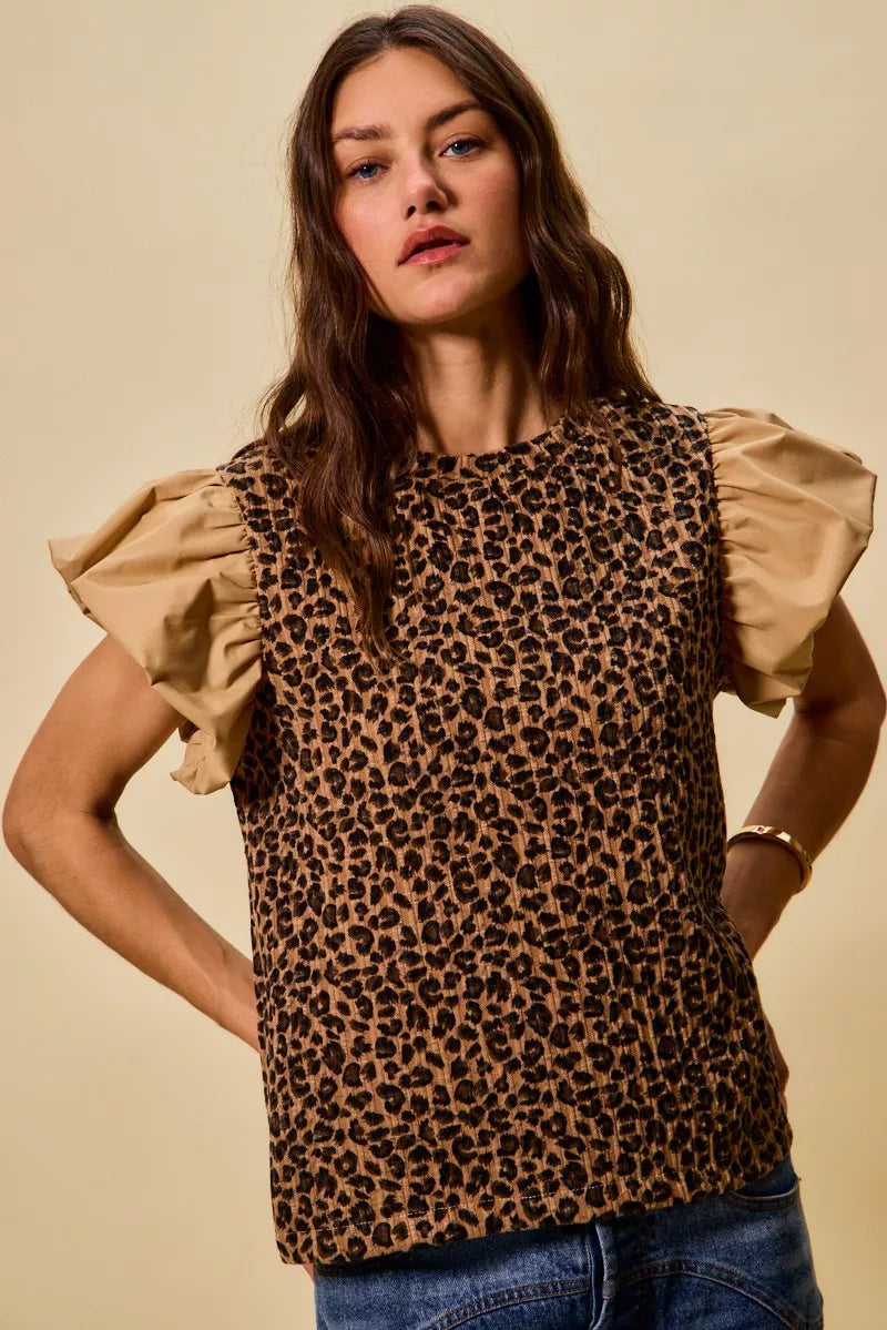 SO ME Leopard Pointelle Knit Top with Puff Sleeves Trendsi