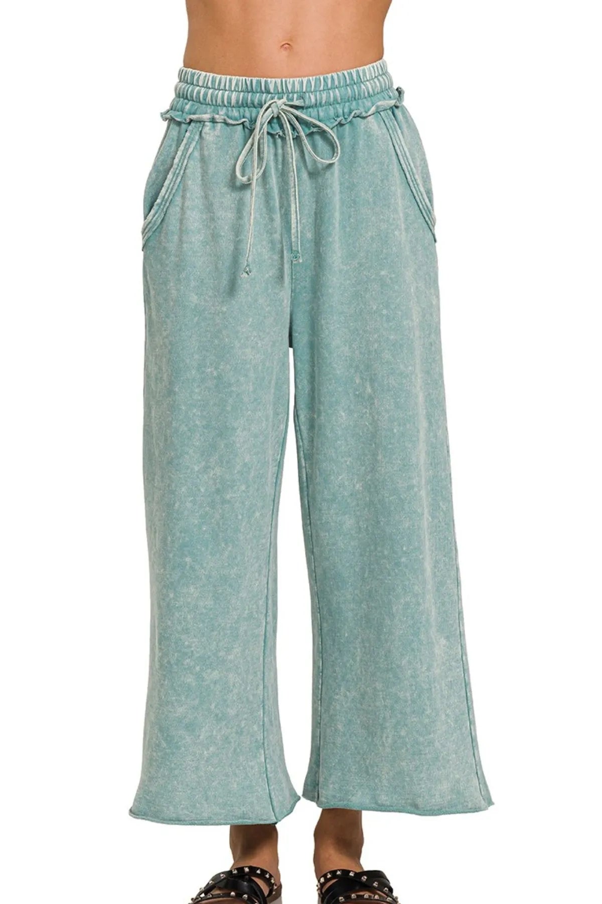 Washed French Terry Palazzo With Pockets ZENANA ASH BLUE S